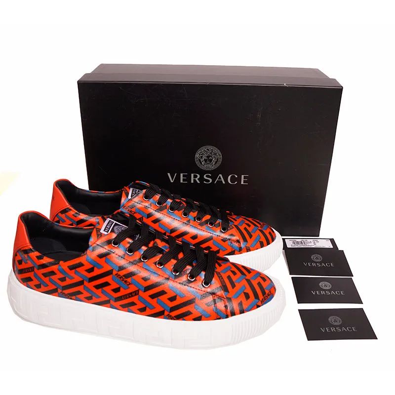 43 US 10 NEW $650 VERSACE Men's Orange LA GRECA UNDER GLASS Low-top SNEAKERS NIB