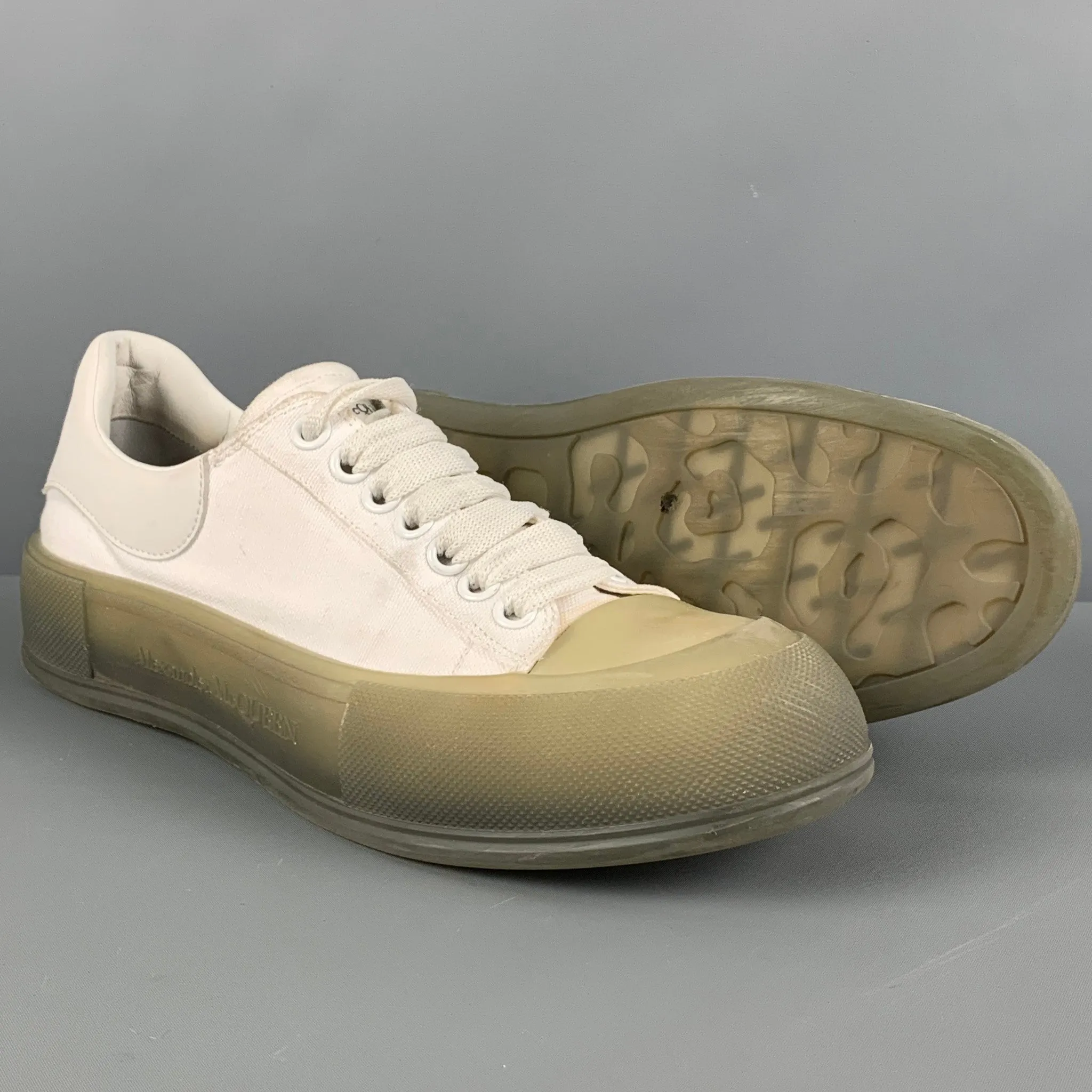 ALEXANDER MCQUEEN Size 8 White Olive Canvas Low Top Plimsoll Sneakers