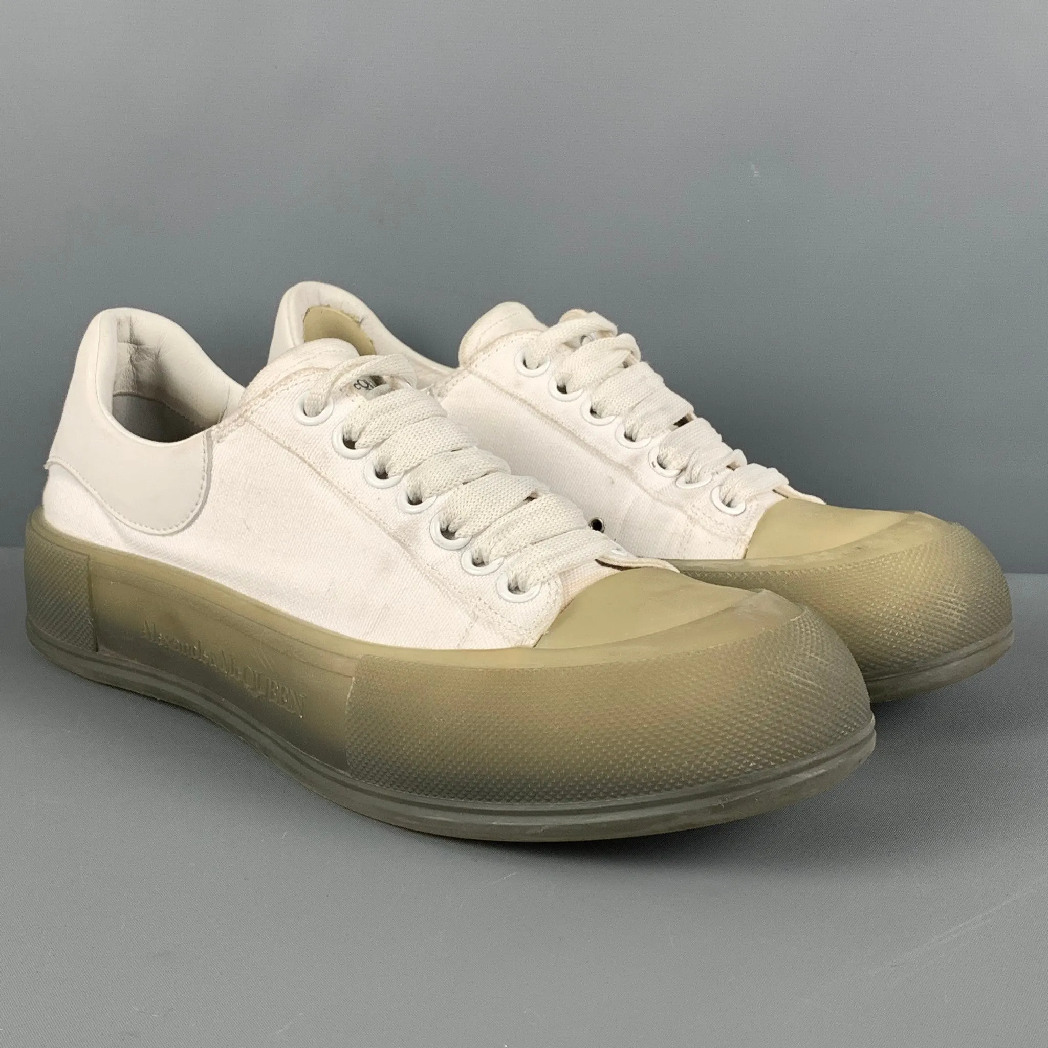 ALEXANDER MCQUEEN Size 8 White Olive Canvas Low Top Plimsoll Sneakers