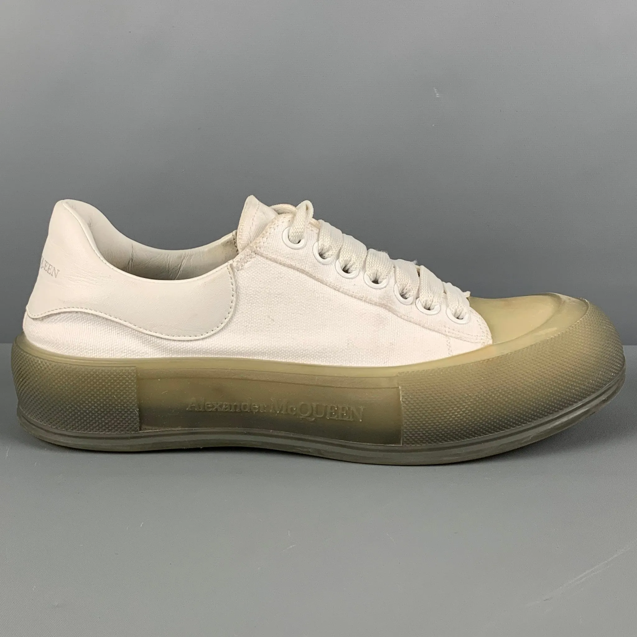 ALEXANDER MCQUEEN Size 8 White Olive Canvas Low Top Plimsoll Sneakers