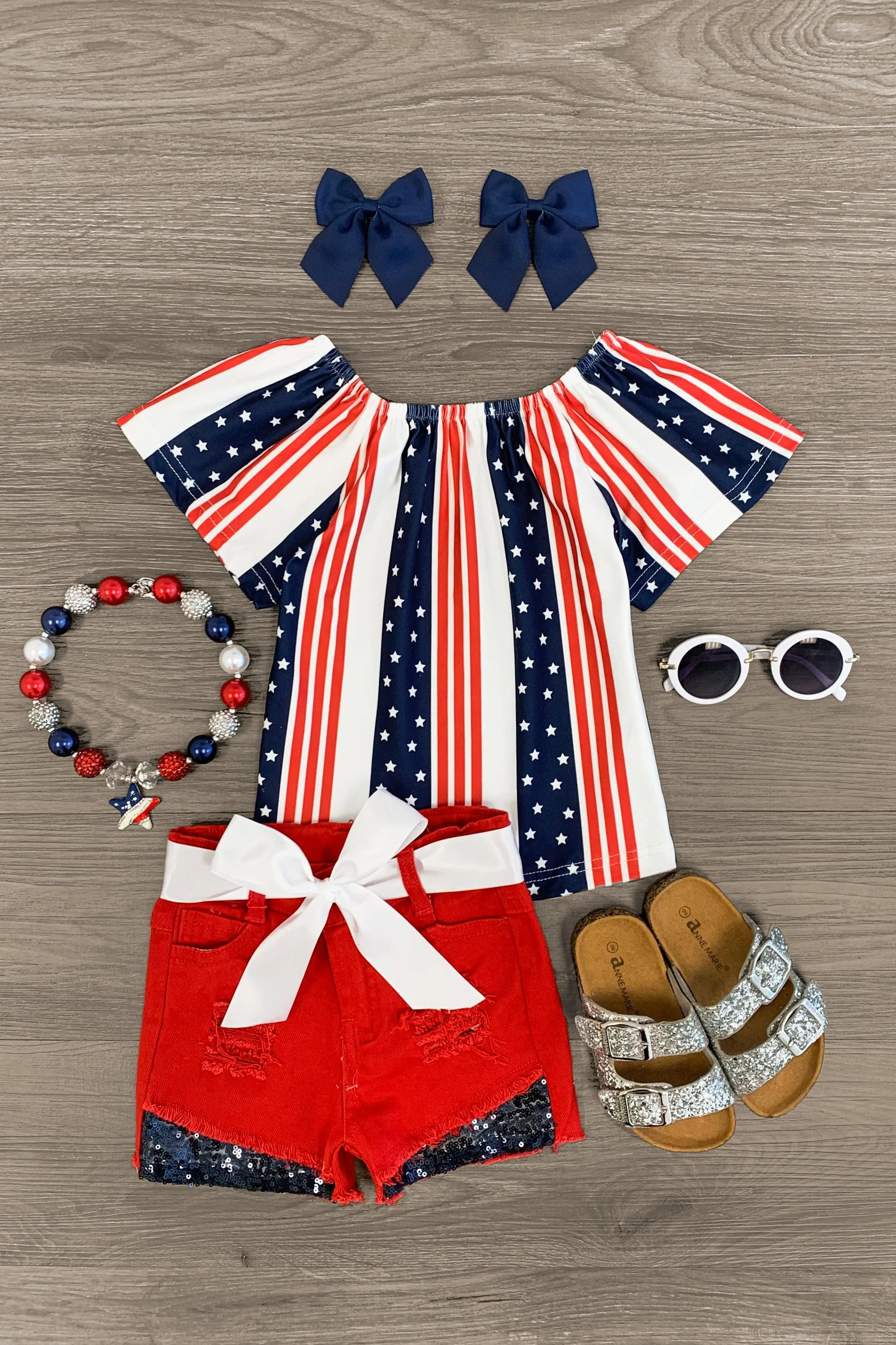 American Flag Striped Distressed Red Short Set