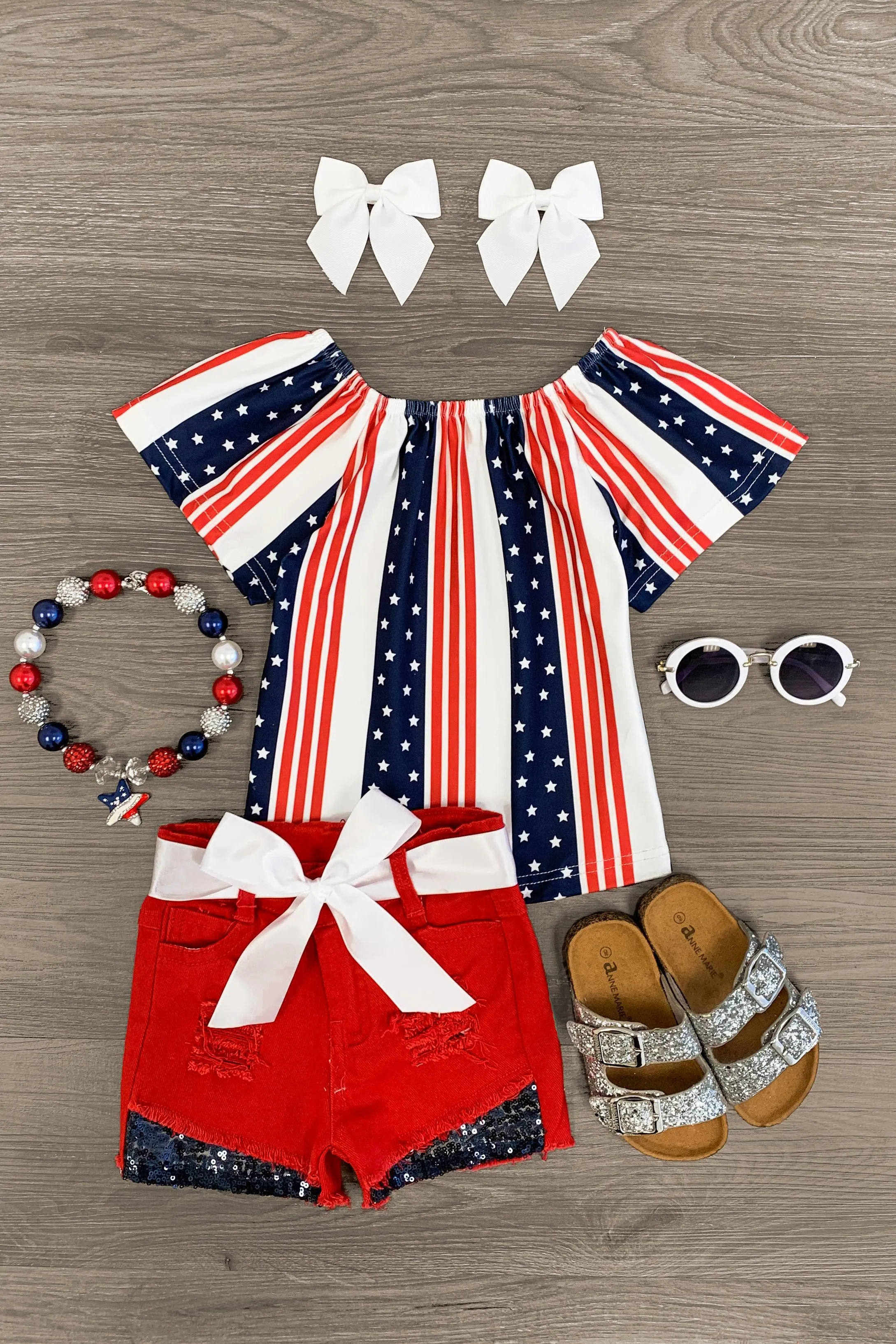 American Flag Striped Distressed Red Short Set