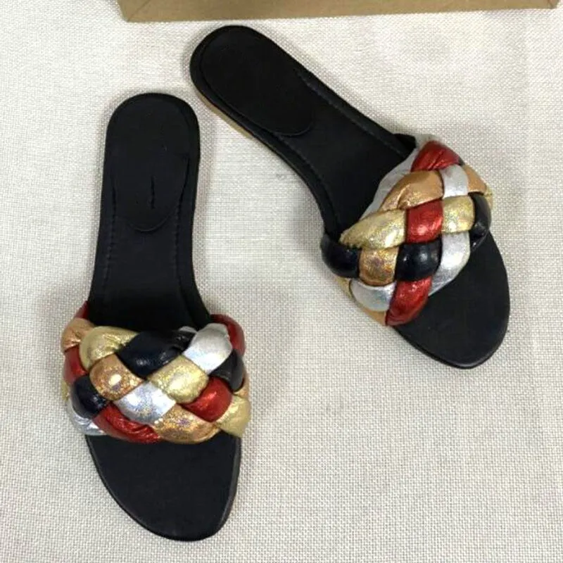Amozae-2024 Summer Women's Sandals Shoes Flat Woman Slides Outdoor Beach Party Shoes Color Weave Female Slippers Large Size 37-41