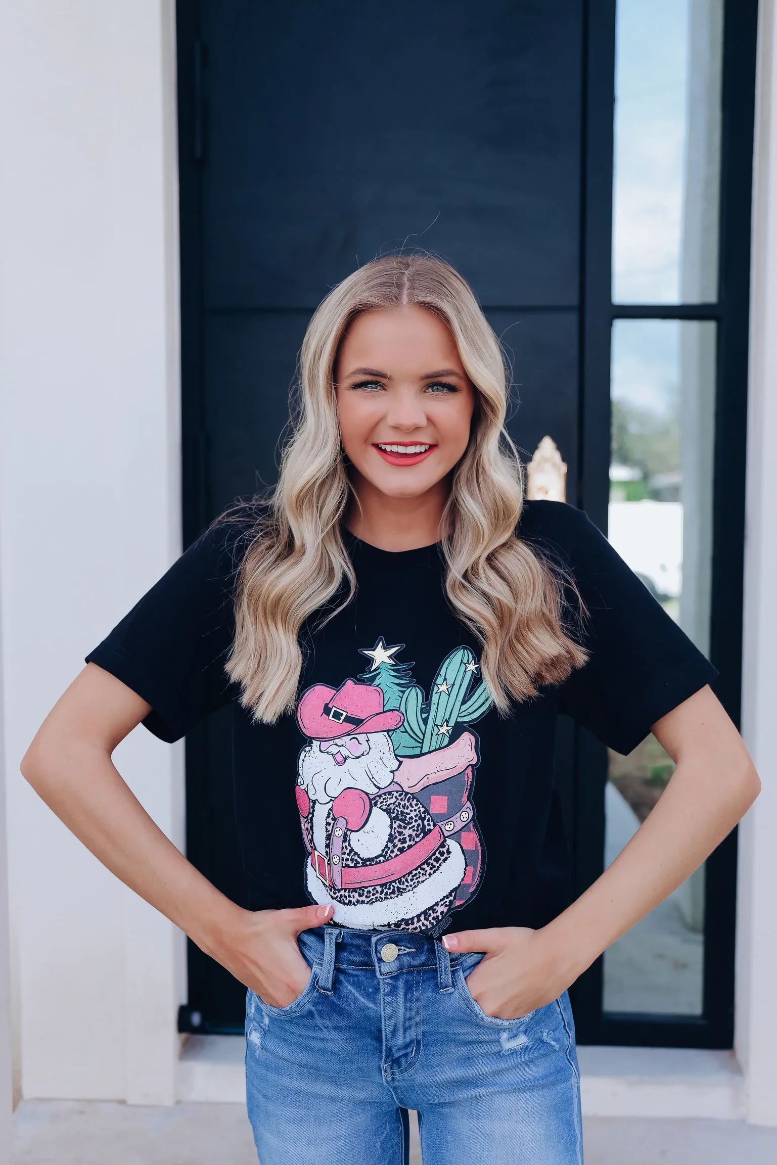 Cactus Backpack Santa Graphic Tee - Black