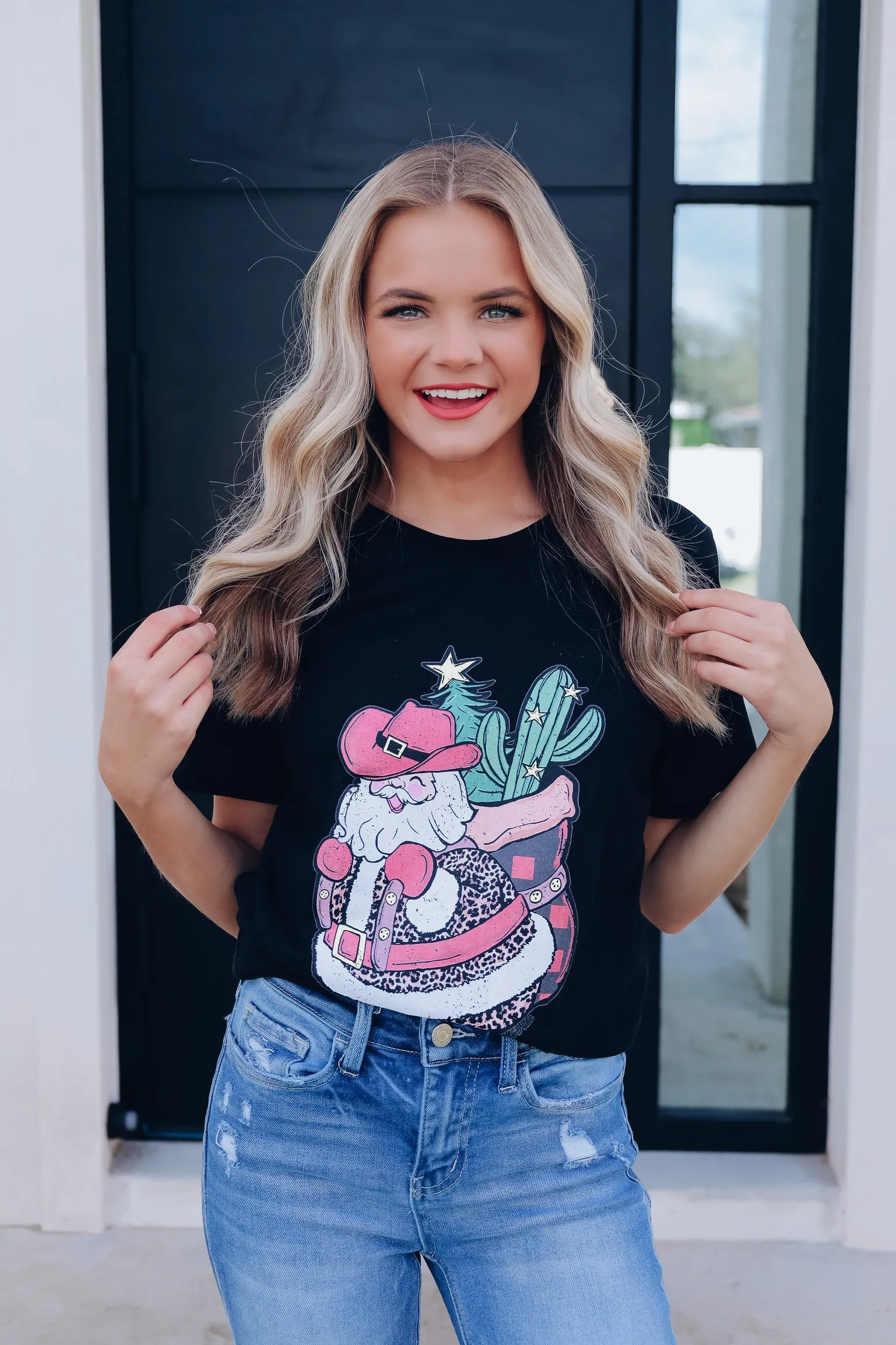 Cactus Backpack Santa Graphic Tee - Black