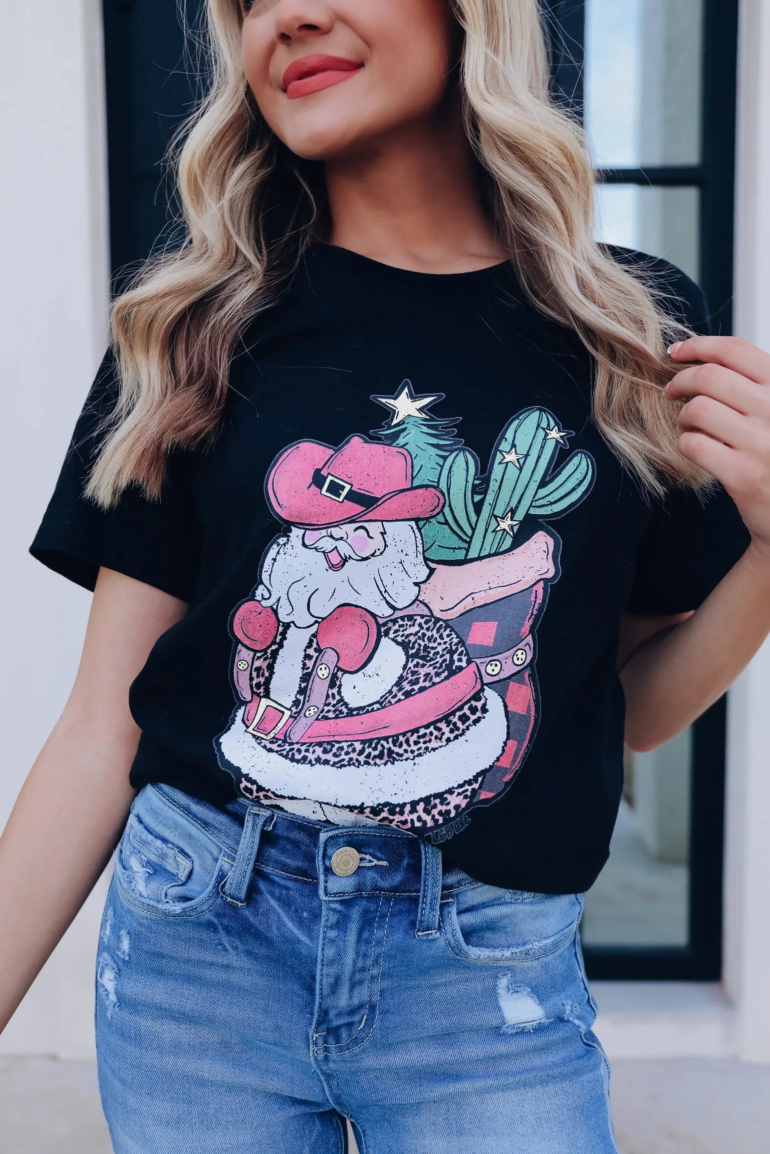 Cactus Backpack Santa Graphic Tee - Black