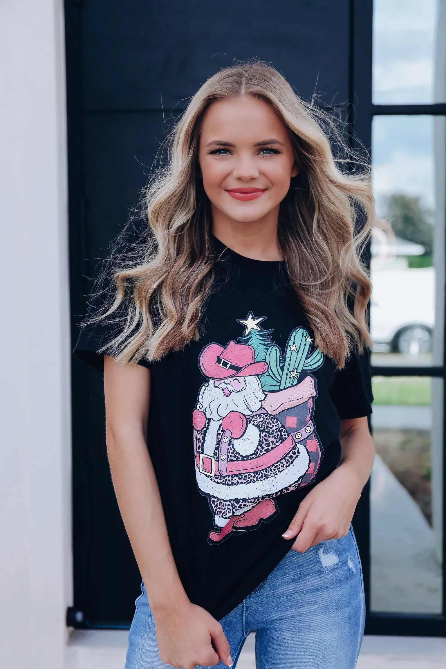 Cactus Backpack Santa Graphic Tee - Black
