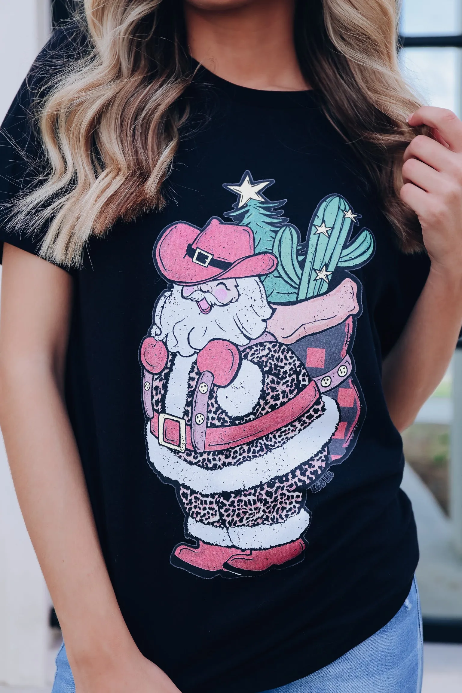 Cactus Backpack Santa Graphic Tee - Black