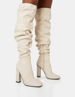 Cassia Ecru Square Toe Block Heel Over The Knee Boots
