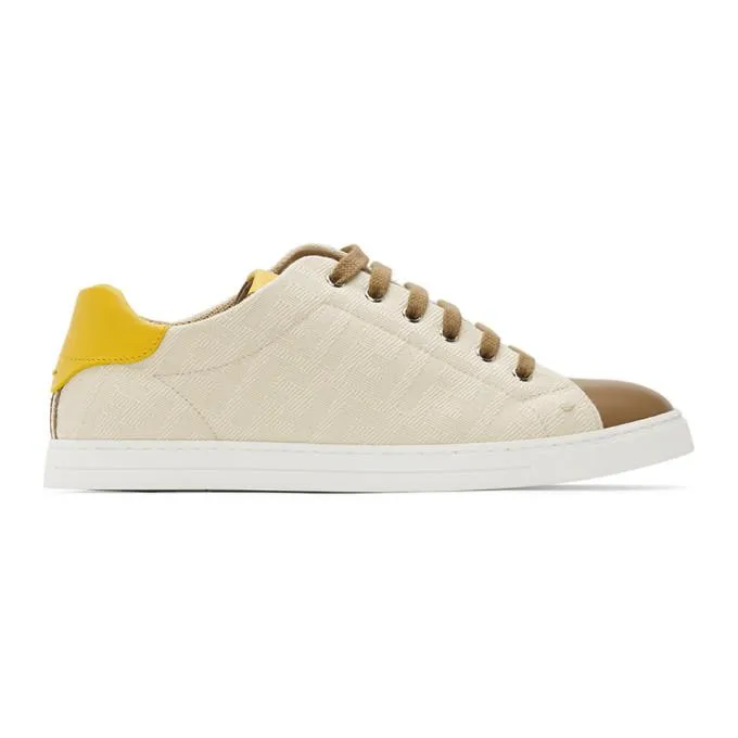 Fendi Beige and Brown Canvas Leather Sneakers