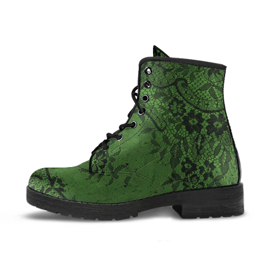 Green with Black Lace Vegan Leather Combat Boots (REG21)