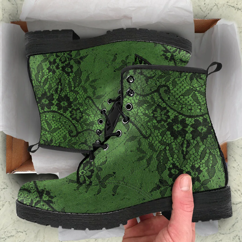 Green with Black Lace Vegan Leather Combat Boots (REG21)