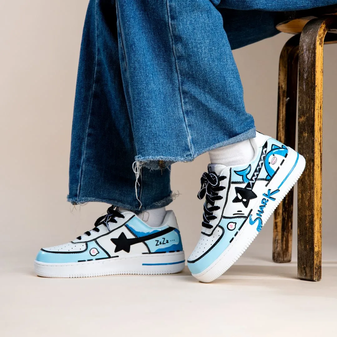 Hand Painted Bruce the Shark Casual White Shoes - Unisex