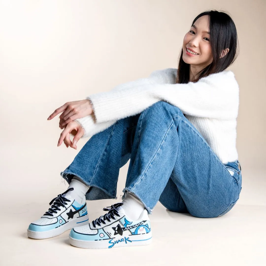 Hand Painted Bruce the Shark Casual White Shoes - Unisex