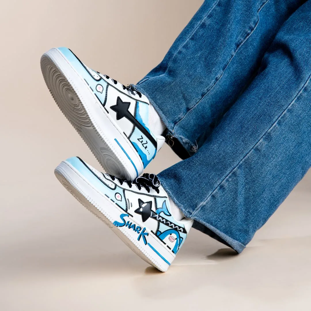 Hand Painted Bruce the Shark Casual White Shoes - Unisex