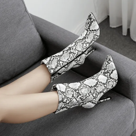 High Heel Snakeskin Pointed Toe Calf Boots