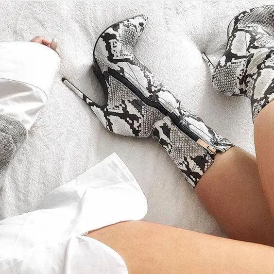 High Heel Snakeskin Pointed Toe Calf Boots