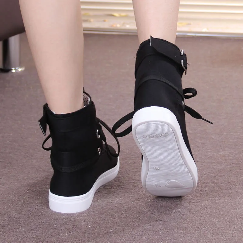 High Tops Belt Buckle Lace Up Canvas Sneakers