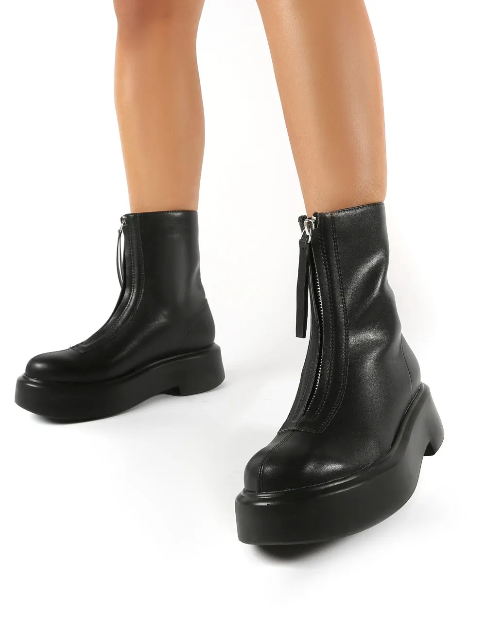 Leoni Black Chunky Sole Zip Through Ankle Boot