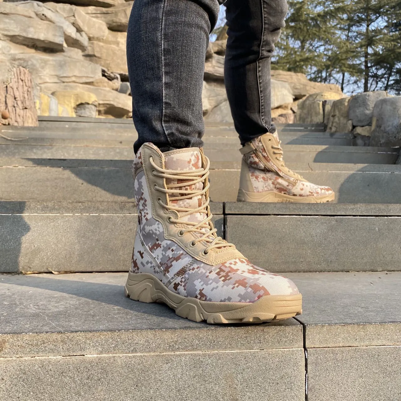 Men's camo tactical boots combat boots with side zipper High cut desert boots