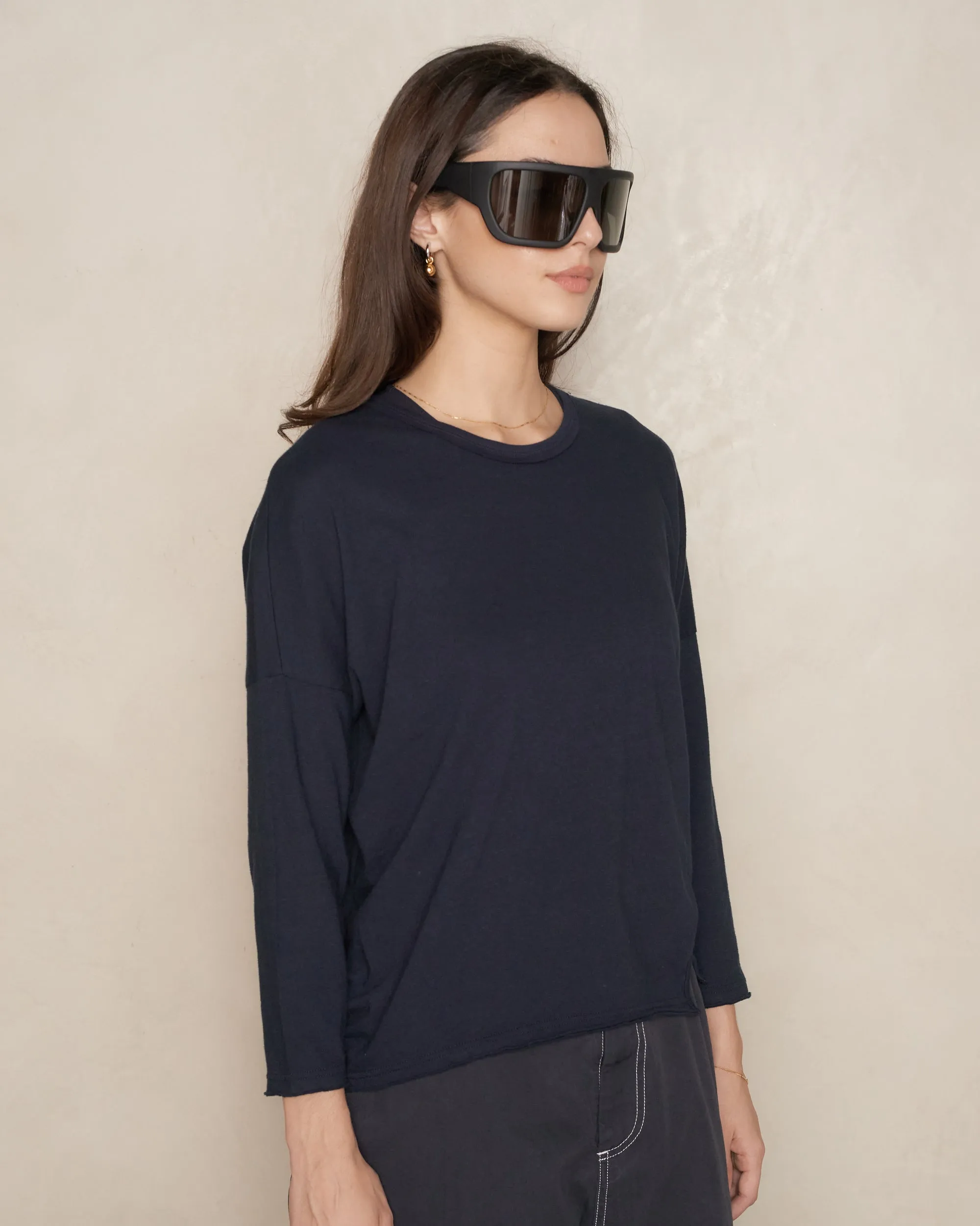Navy Drop Shoulder Long Sleeve T-shirt