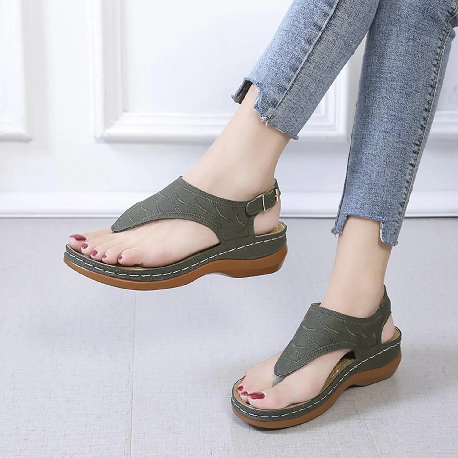 NEW Sandals for Women Flats Flip Flops Shoes with Buckle Ankle Strap Comfortable Bohemian Flat Shoes for Women Sandals Breathable Dressy Summer Shoes Outdoor, Green, Sz 8