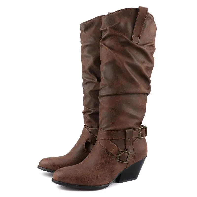 Retro buckle strap slouch boots for women