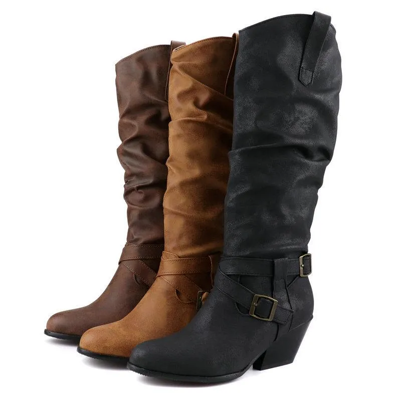 Retro buckle strap slouch boots for women