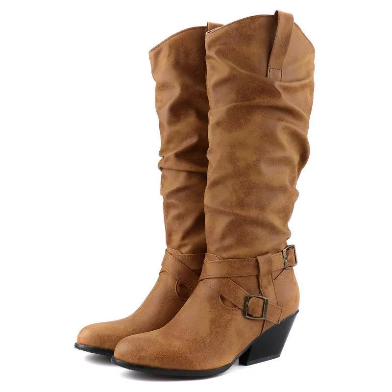Retro buckle strap slouch boots for women