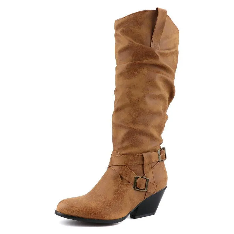 Retro buckle strap slouch boots for women