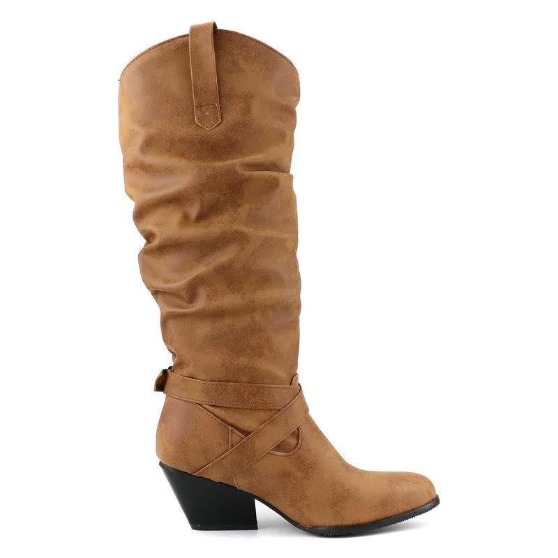 Retro buckle strap slouch boots for women