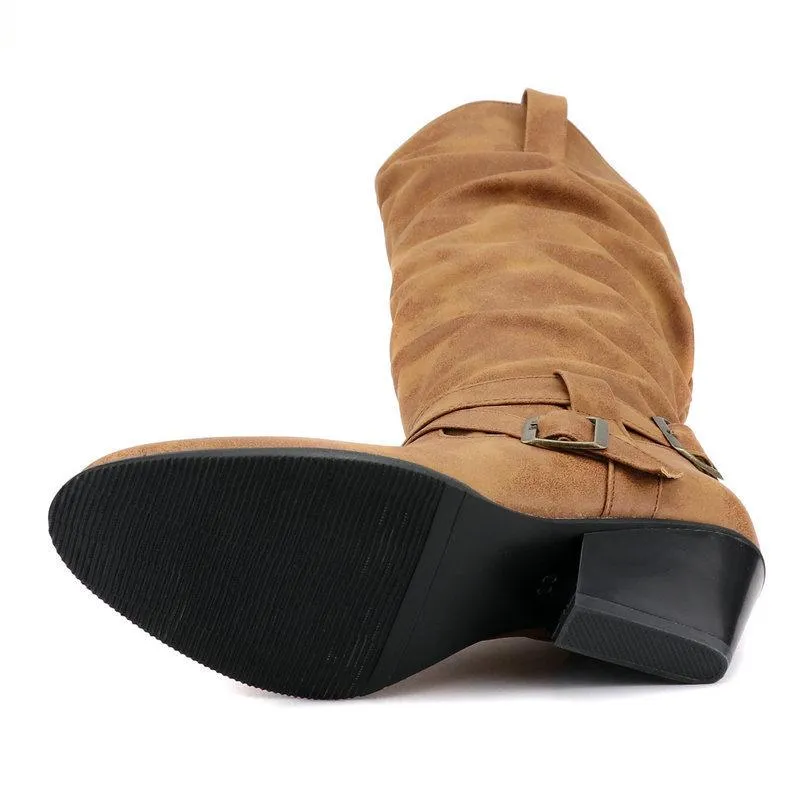 Retro buckle strap slouch boots for women