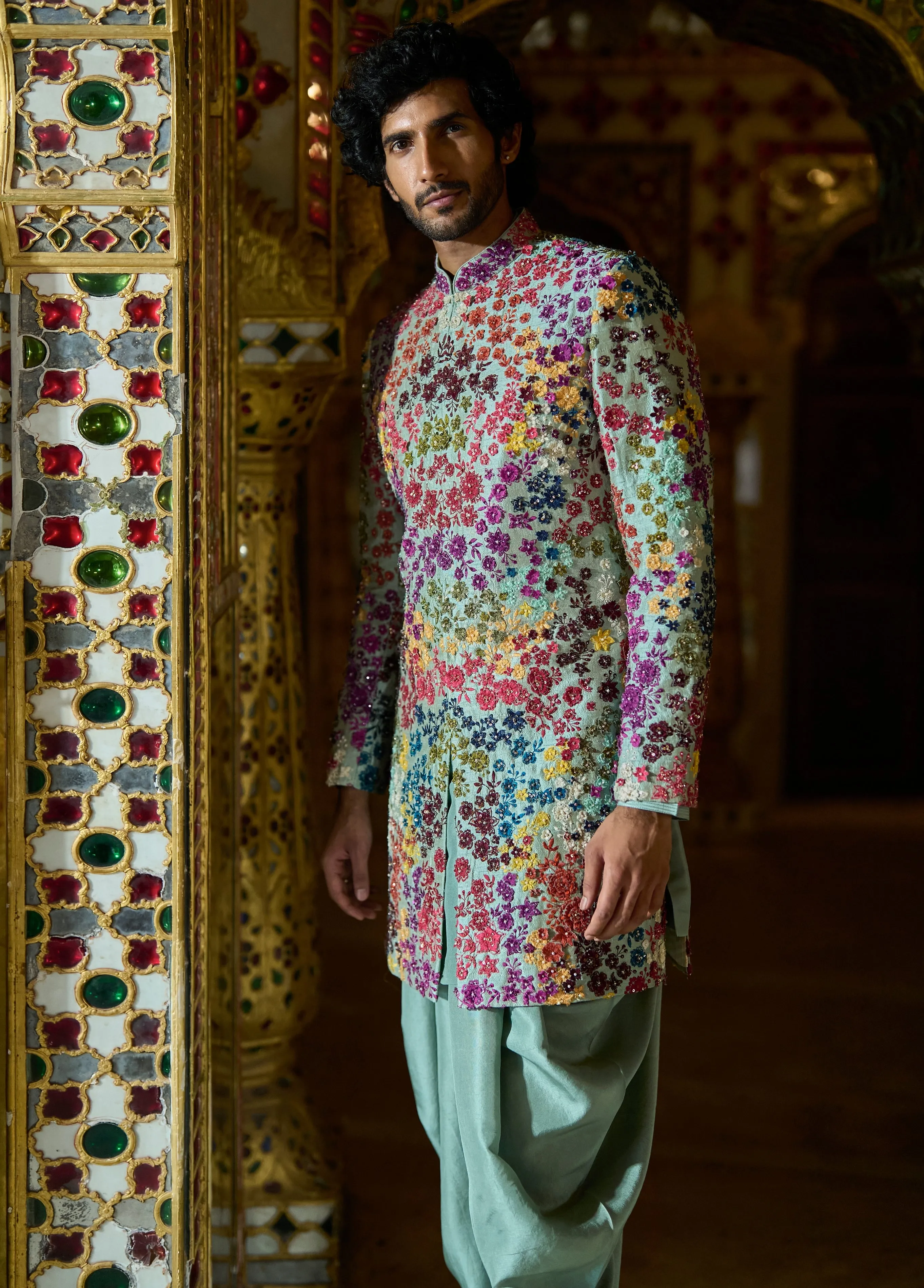 Sage Green Multi- Coloured Three-Dimenisonal Sherwani Set