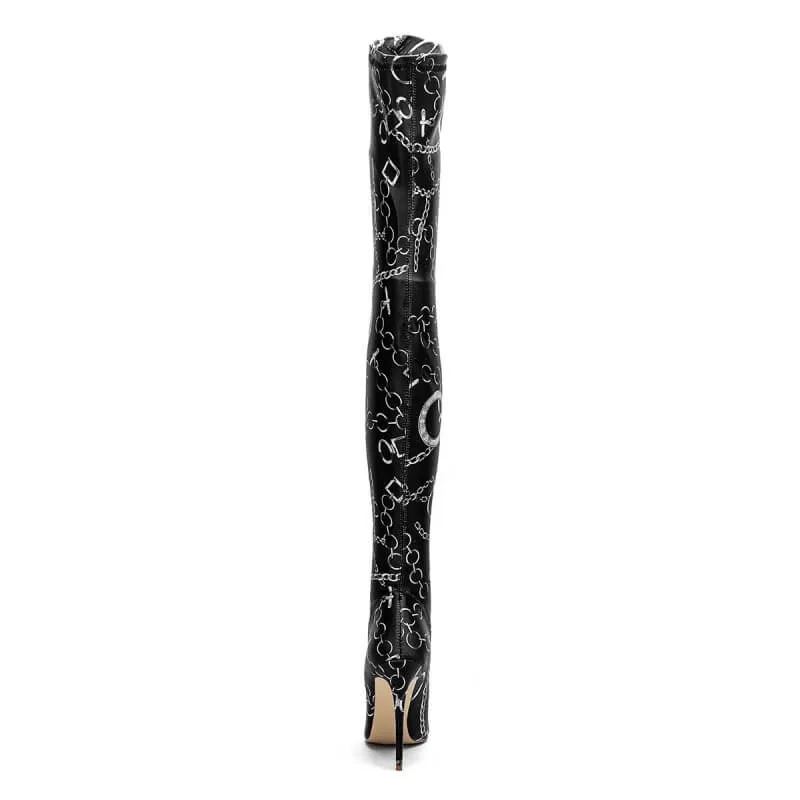 Sexy Print Black High Heel Knee High Boots
