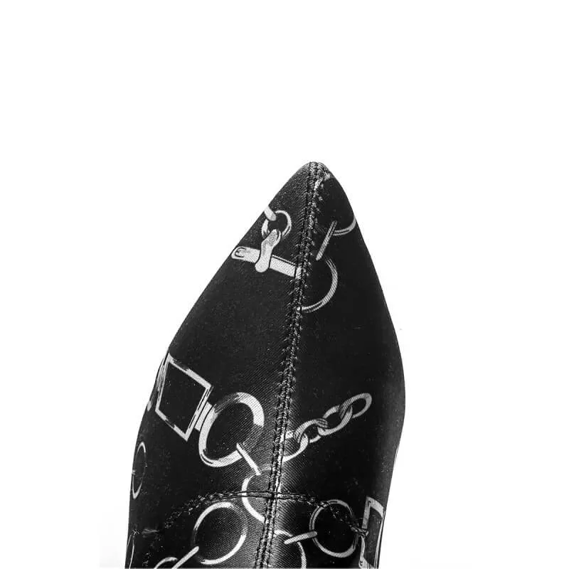 Sexy Print Black High Heel Knee High Boots