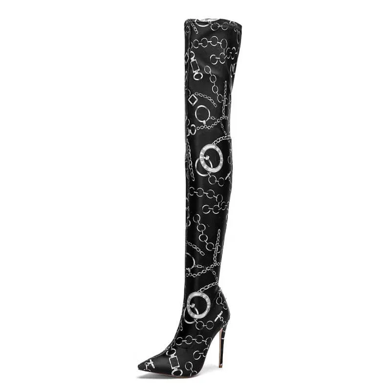 Sexy Print Black High Heel Knee High Boots