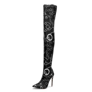 Sexy Print Black High Heel Knee High Boots