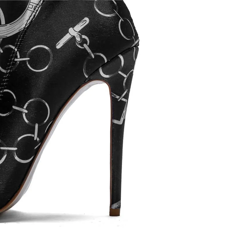 Sexy Print Black High Heel Knee High Boots