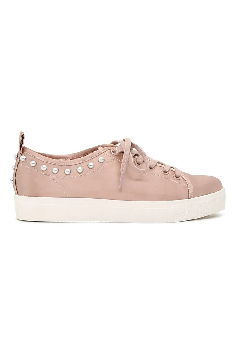 Shawna Blush Metallic Pearl Lace Up Sneakers