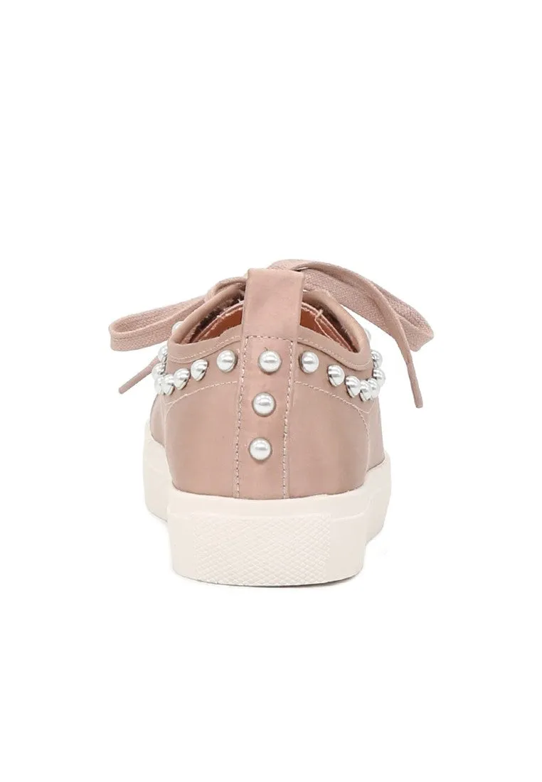 Shawna Blush Metallic Pearl Lace Up Sneakers