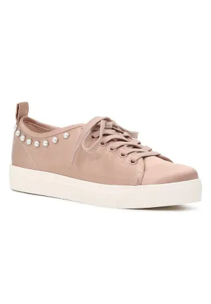 Shawna Blush Metallic Pearl Lace Up Sneakers