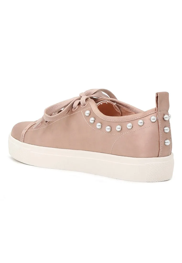 Shawna Blush Metallic Pearl Lace Up Sneakers