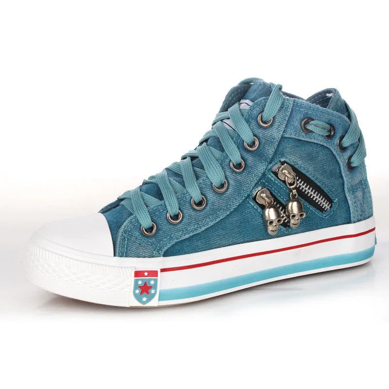 Skull Zipper Denim Lace Up Sneakers