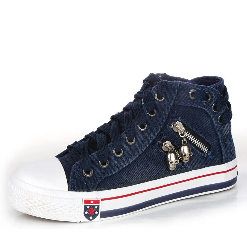 Skull Zipper Denim Lace Up Sneakers