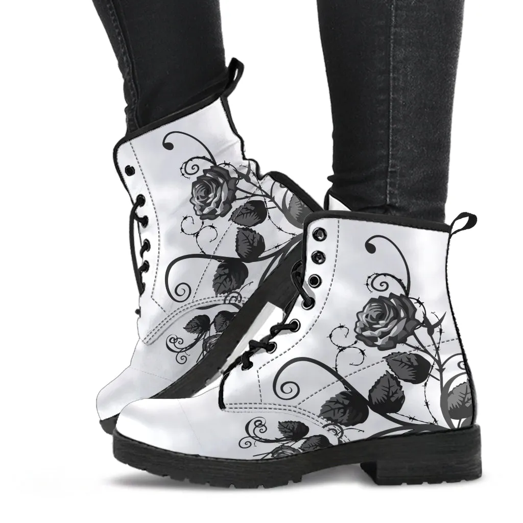 White Combat Boots - Gray Roses | Boho Shoes, Handmade Lace Up Boots, Vegan Leather Lace Up Boots Women, White Boots Women