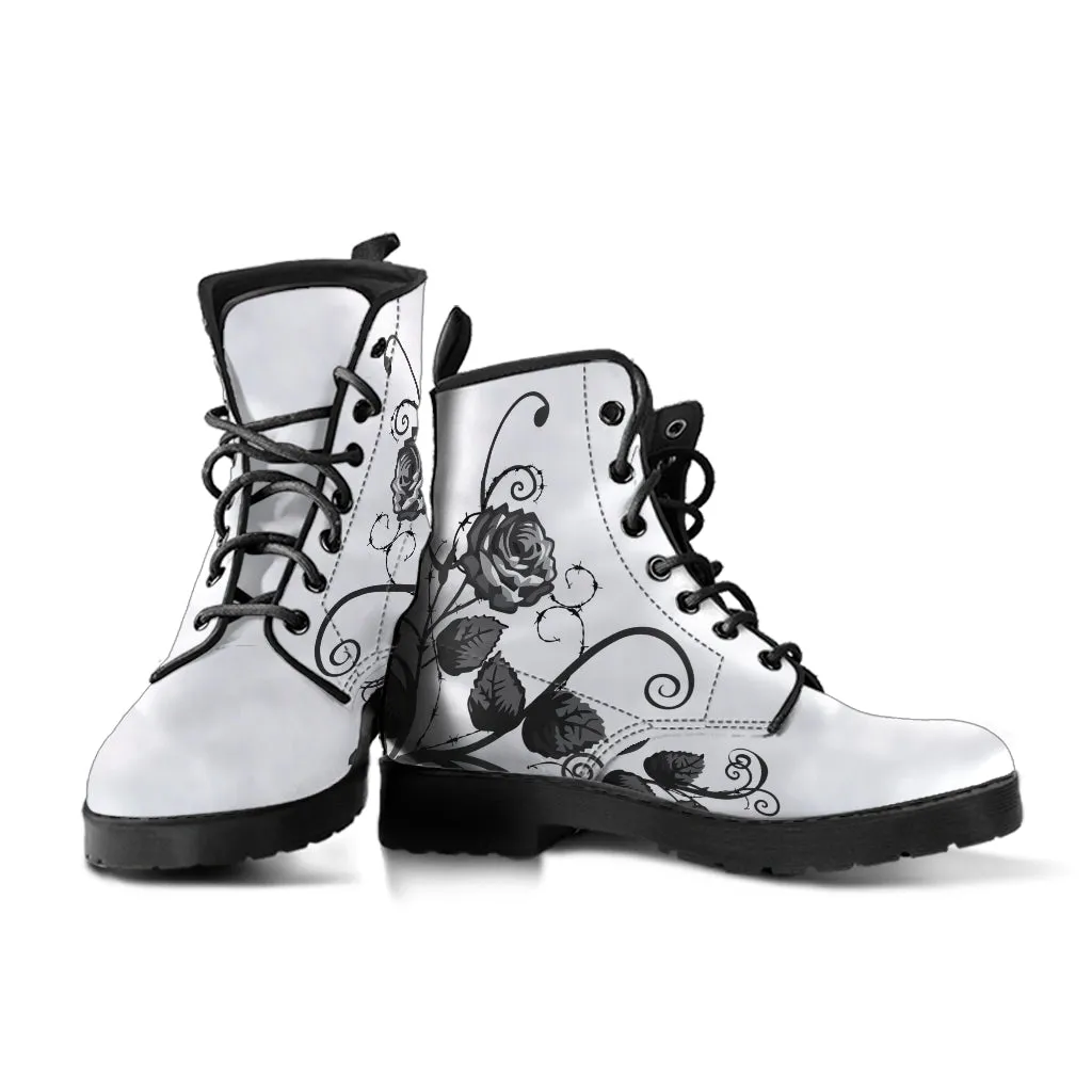 White Combat Boots - Gray Roses | Boho Shoes, Handmade Lace Up Boots, Vegan Leather Lace Up Boots Women, White Boots Women