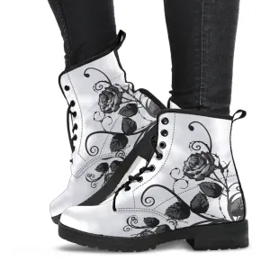 White Combat Boots - Gray Roses | Boho Shoes, Handmade Lace Up Boots, Vegan Leather Lace Up Boots Women, White Boots Women