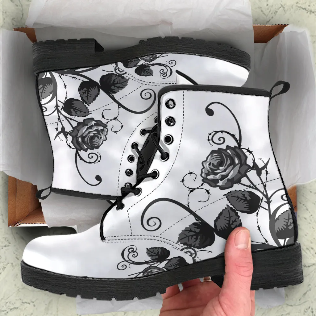 White Combat Boots - Gray Roses | Boho Shoes, Handmade Lace Up Boots, Vegan Leather Lace Up Boots Women, White Boots Women