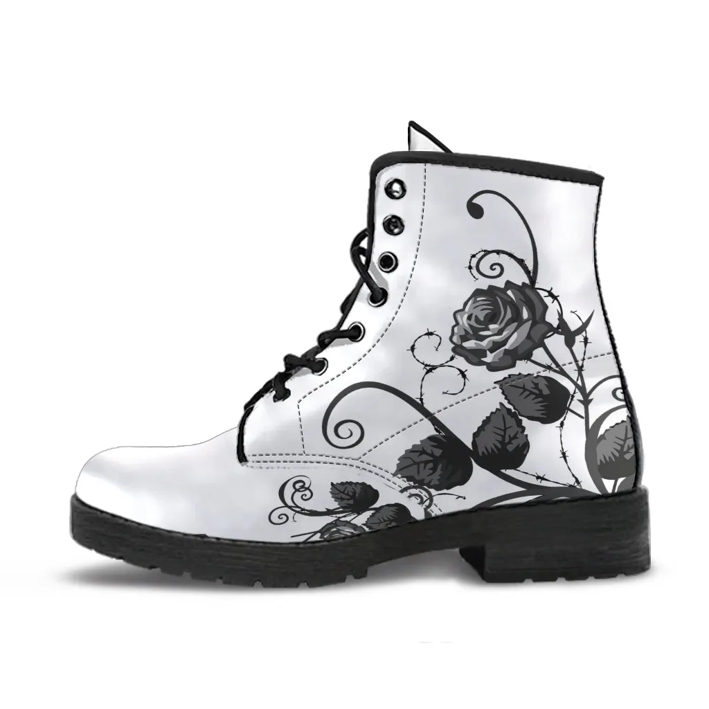 White Combat Boots - Gray Roses | Boho Shoes, Handmade Lace Up Boots, Vegan Leather Lace Up Boots Women, White Boots Women