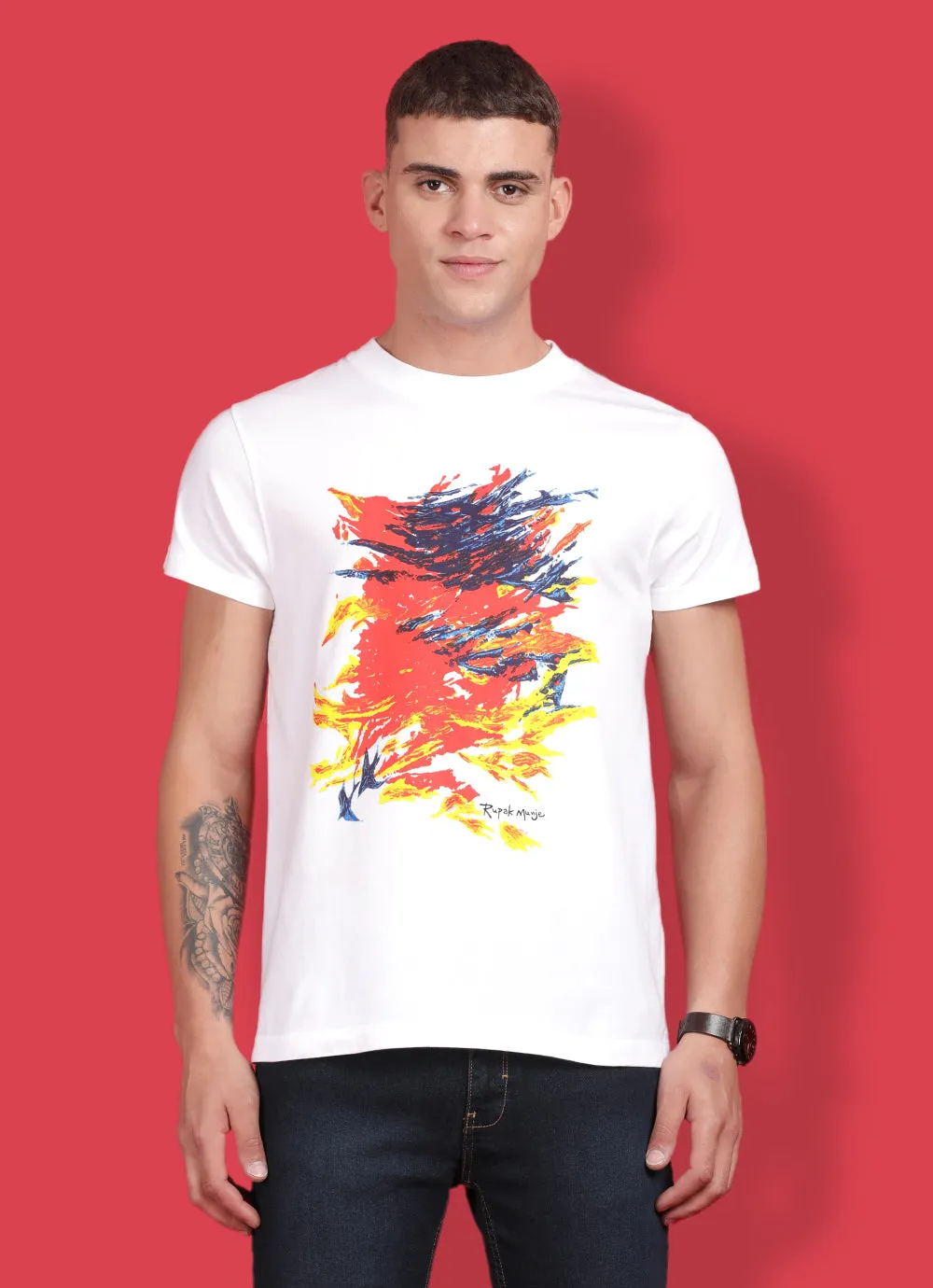 White Cotton  Round Neck Tshirt